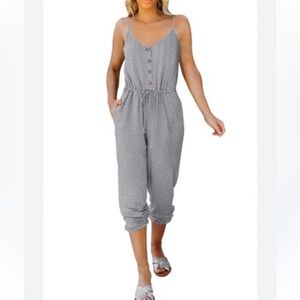 Vneck Henley button front pants gray romper jumpsuit
